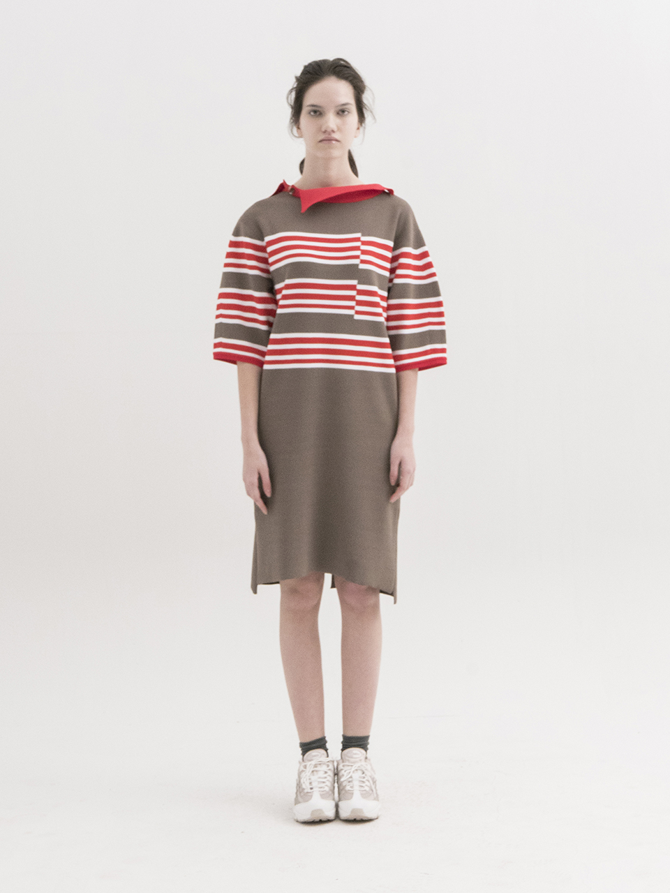 [Stripe Dress with Asymmetric Collar