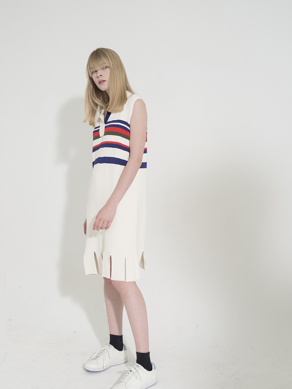 Open Collar Stripe Knit Dress