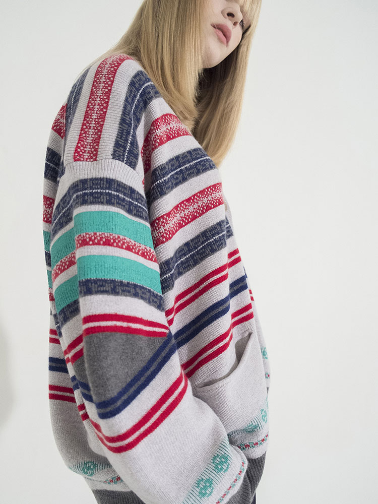 Multi-Colored Stripe Jacquard Cardigan -L/GRAY