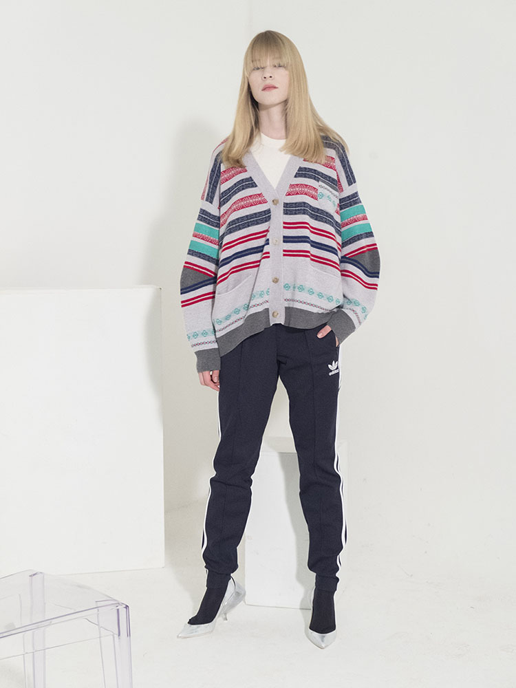 Multi-Colored Stripe Jacquard Cardigan -L/GRAY