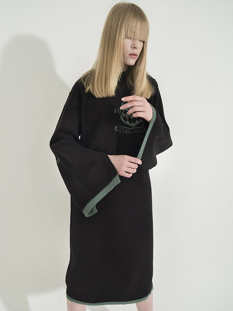Jacquard-Point Oversized Long Dress -BLACK