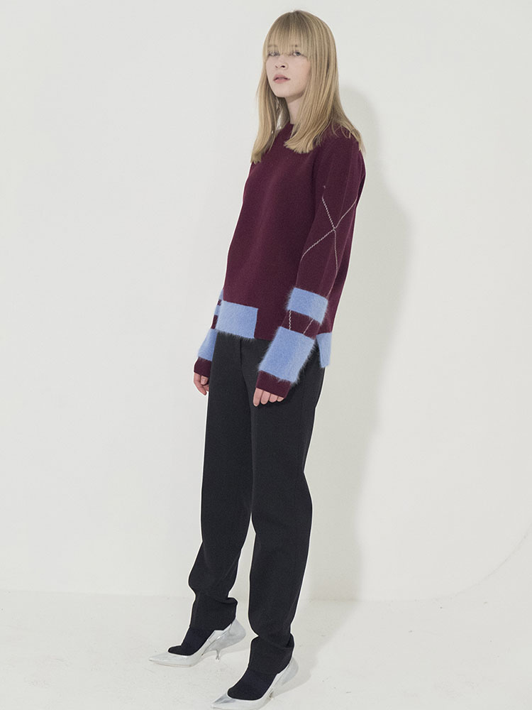 Sleeve Angora Point Round-Neck Pullover - WINE