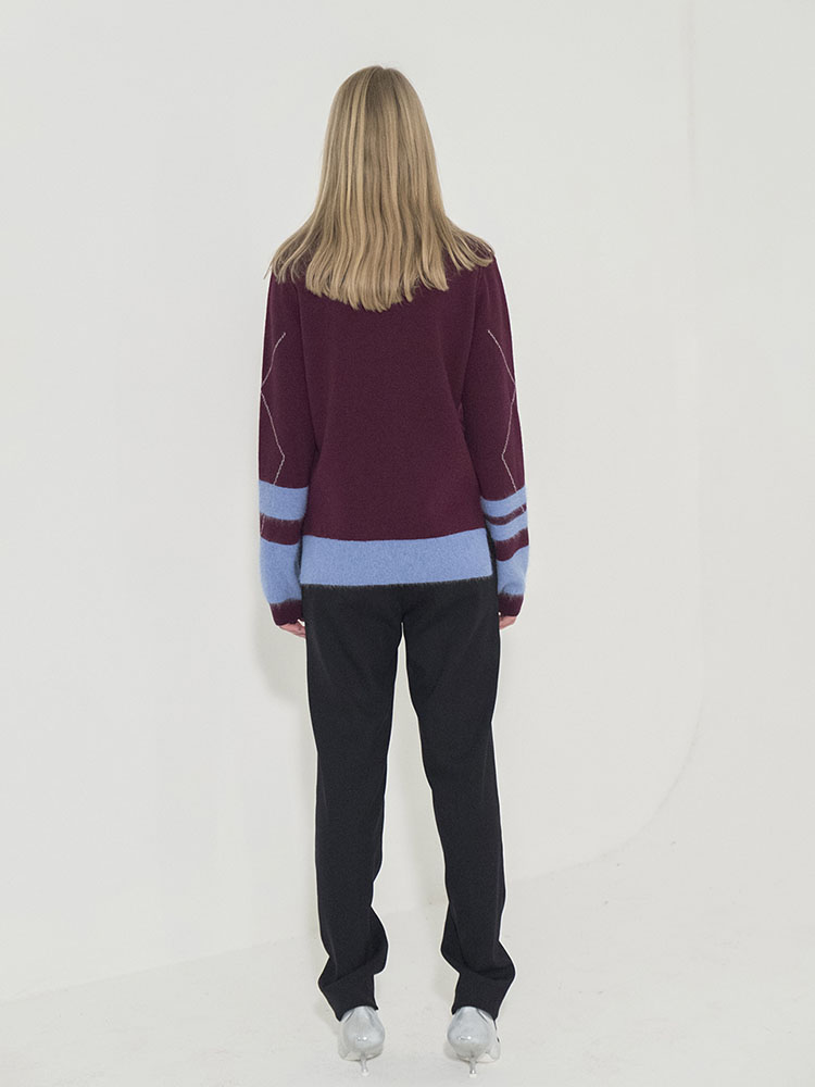 Sleeve Angora Point Round-Neck Pullover - WINE