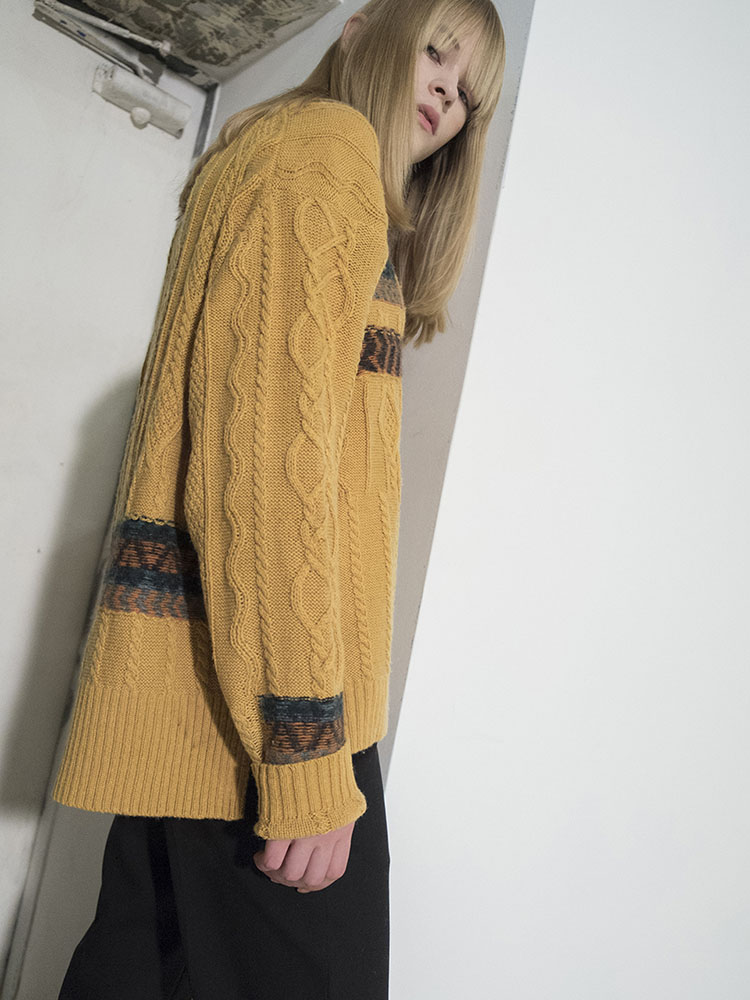 Cable Multi-Jacquard Half-Neck Pullover - YELLOW