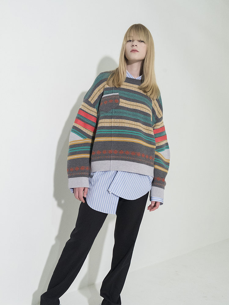 Multi-Colored Stripe Jacquard Pullover - D/GRAY