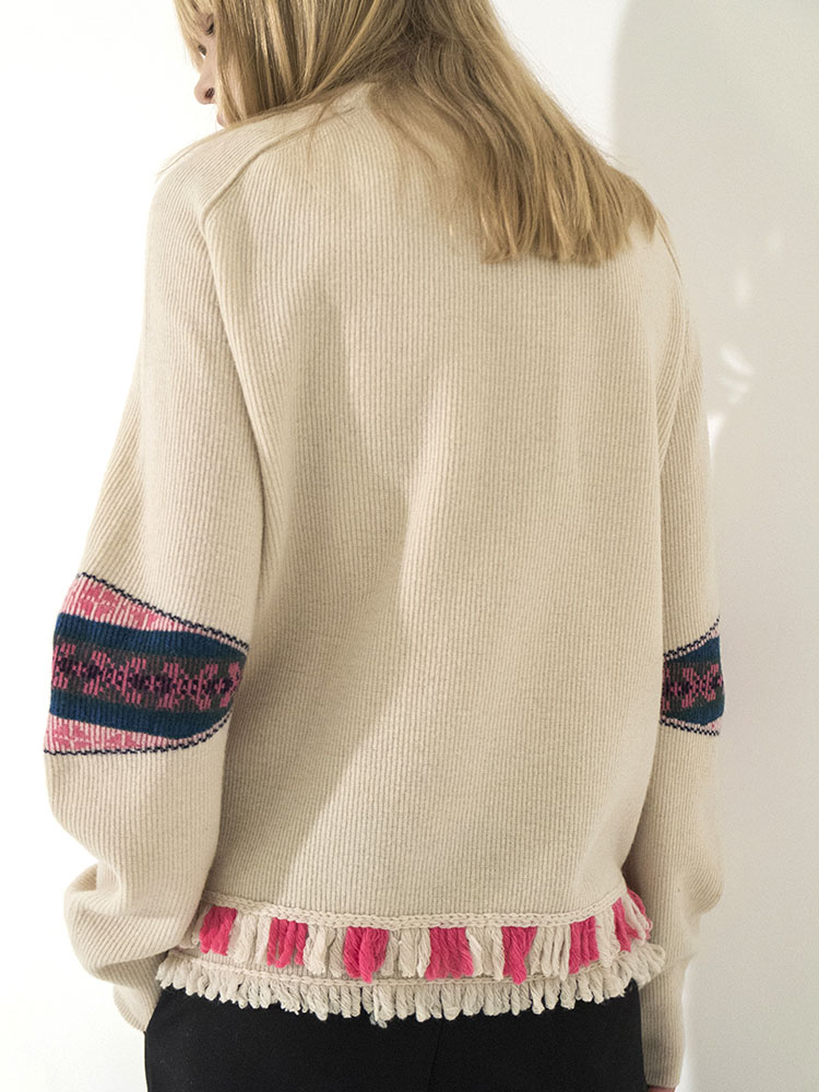 Flower Motif Jacquard Ribbed Pullover - IVORY