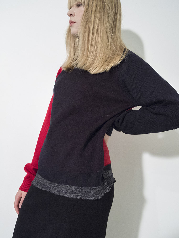 Sleeve Color-Block Basic Pullover - NAVY